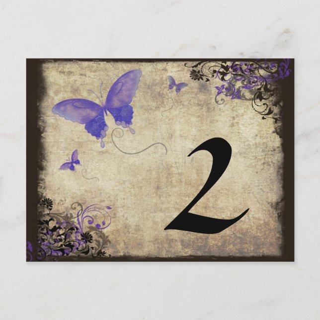 Purple Vintage Butterfly Wedding Table Number Postcard (Front)