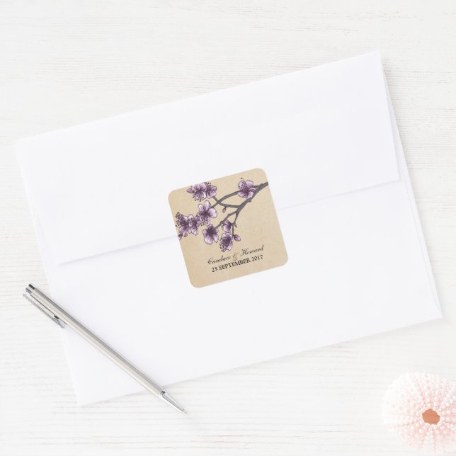 Purple Vintage Cherry Blossoms Wedding Stickers (Envelope)