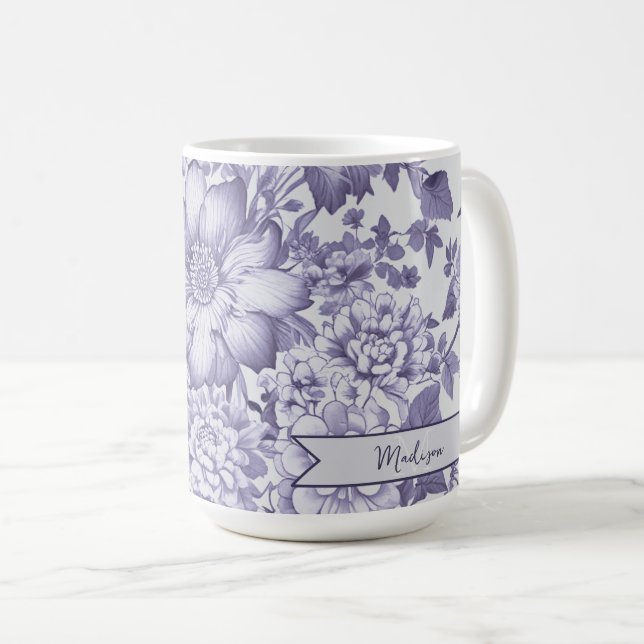 Purple Vintage Chinoiserie Floral Personalised Coffee Mug (Front Right)