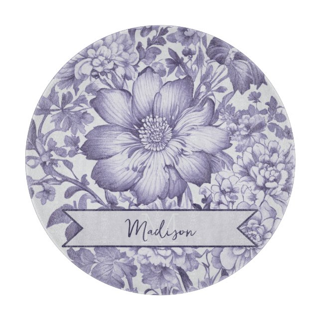 Purple Vintage Chinoiserie Floral Personalised Cutting Board (Front)