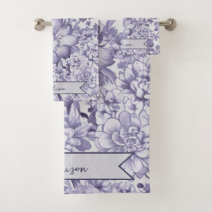 Purple Vintage Chinoiserie Floral Personalized Bath Towel Set