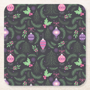 Purple Vintage Christmas Ornament Pattern Square Paper Coaster
