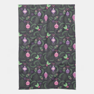 Purple Vintage Christmas Ornament Pattern Tea Towel