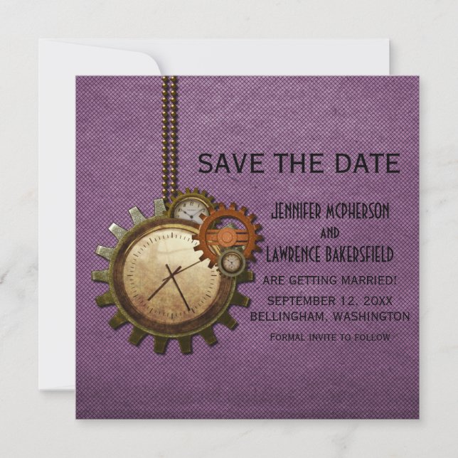 Purple Vintage Clock Save the Date Invite (Front)