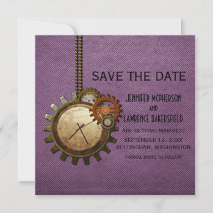 Purple Vintage Clock Save the Date Invite