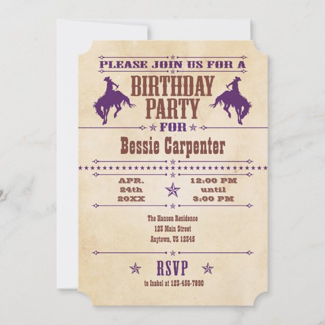 Purple Vintage Cowboy Birthday Invitation (Front)