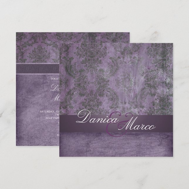 PURPLE VINTAGE DAMASK WEDDING INVITATIONS (Front/Back)