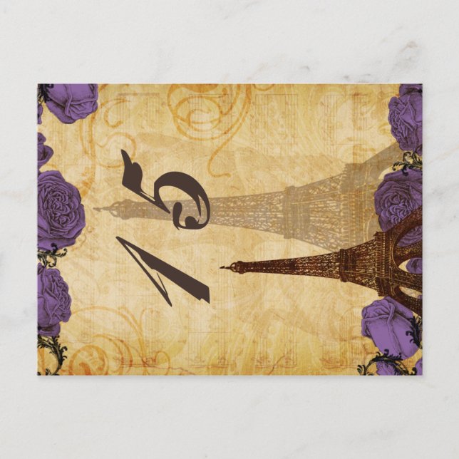 purple vintage eiffel tower Paris Table Numbers Postcard (Front)