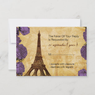 purple vintage eiffel tower wedding rsvp 3.5 x 5 card