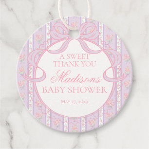 Purple Vintage Fancy Floral Baby Shower Circle Favour Tags
