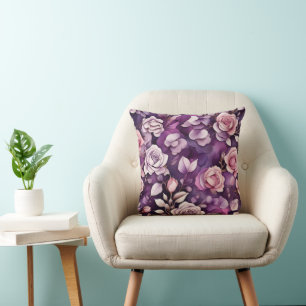 Purple Vintage Floral in Watercolor Outdoor Pillow