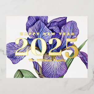 Purple Vintage Flowers Happy New Year 2025 Gold Foil Holiday Postcard
