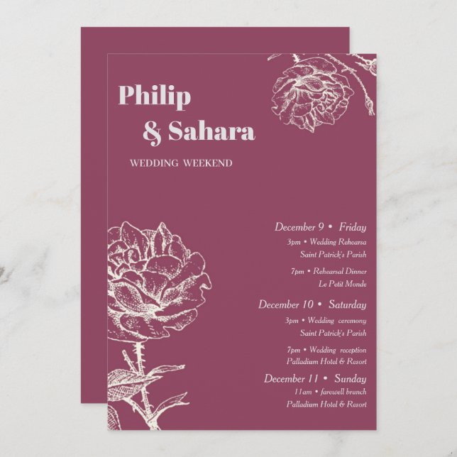 Purple Vintage Flowers Wedding Itinerary Invitation (Front/Back)