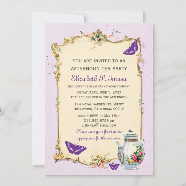 Purple Vintage French Tea Party Invitation (Front)