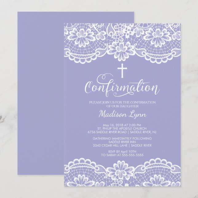 Purple Vintage Lace Confirmation Invitation (Front/Back)