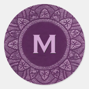 Purple Vintage Lace Custom Monogram Classic Round Sticker