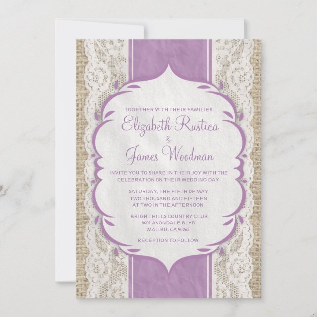 Purple Vintage Linen Burlap Wedding Invitations (Front)