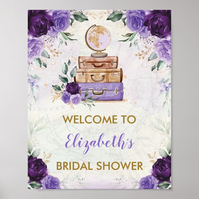 Purple Vintage Map Travel Bridal Shower Welcome Poster (Front)