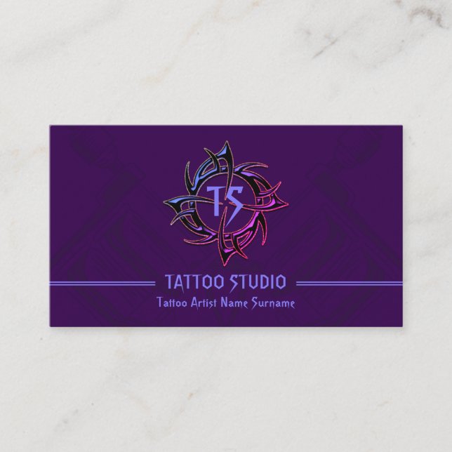 Purple Vintage Minimal Modern Tattoo Studio Business Card (Front)