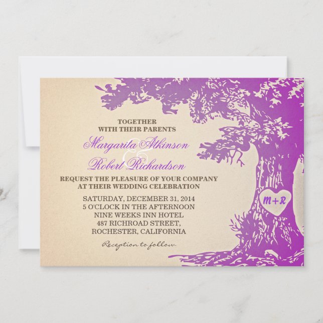 purple vintage old oak tree wedding invitations (Front)