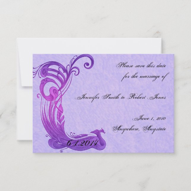 Purple Vintage Peacock Save the Date (Front)
