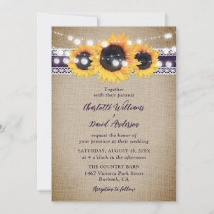 Purple Vintage Sunflower Burlap Lace Wedding Invitation