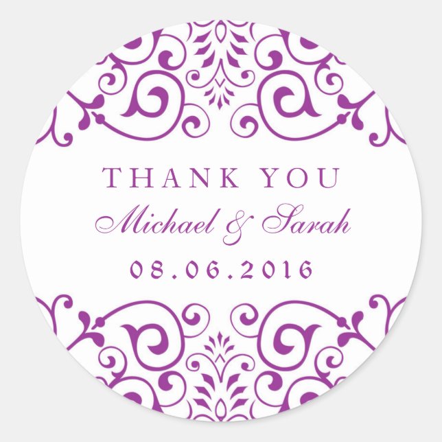Purple Vintage Swirl Floral Thank You Stickers (Front)