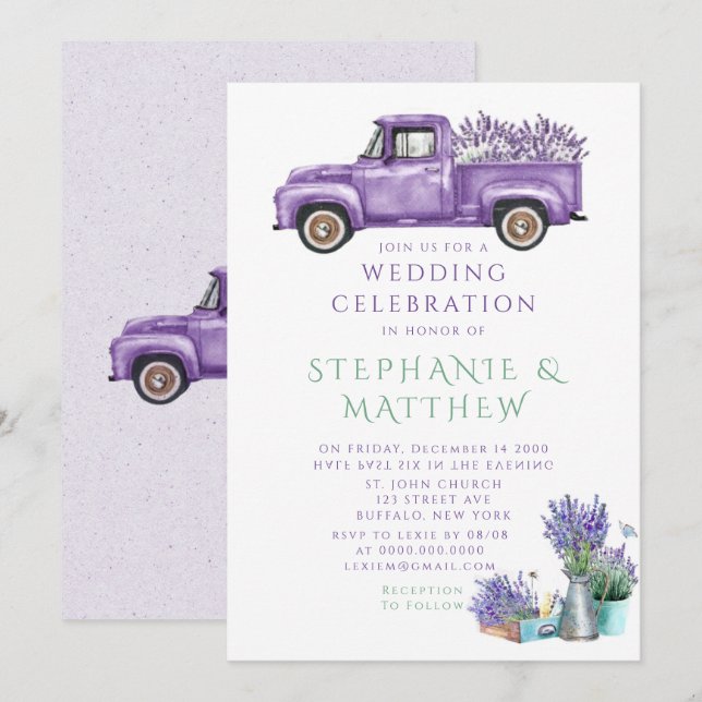 Purple Vintage Truck Wisteria Wedding  Invitation (Front/Back)