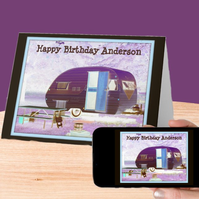 Purple Vintage Vibe Camper Trailer Happy Birthday Card (Creator Uploaded)