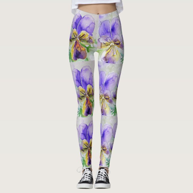 Purple Viola Floral Flower Watercolor Leggings (Front)