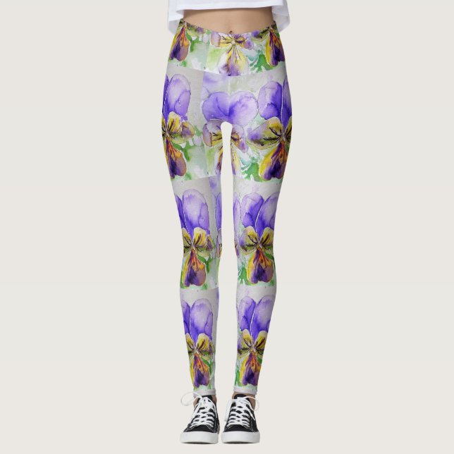 Purple Viola Floral Flower Watercolor Leggings (Front)