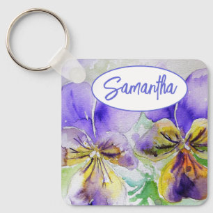 Purple Viola Floral flowers Watercolor Painting Key Ring