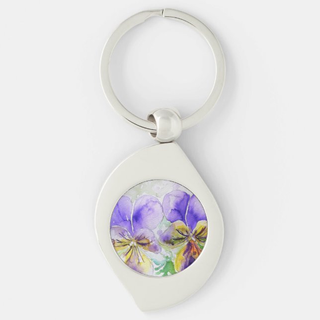 Purple Viola Floral flowers Watercolor Painting Key Ring (Front)