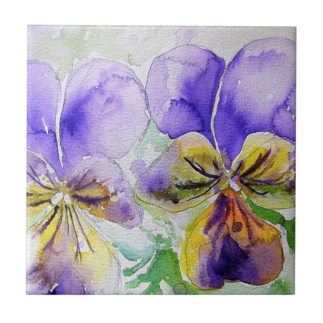 Purple Viola Floral flowers Watercolor Painting Tile (Front)