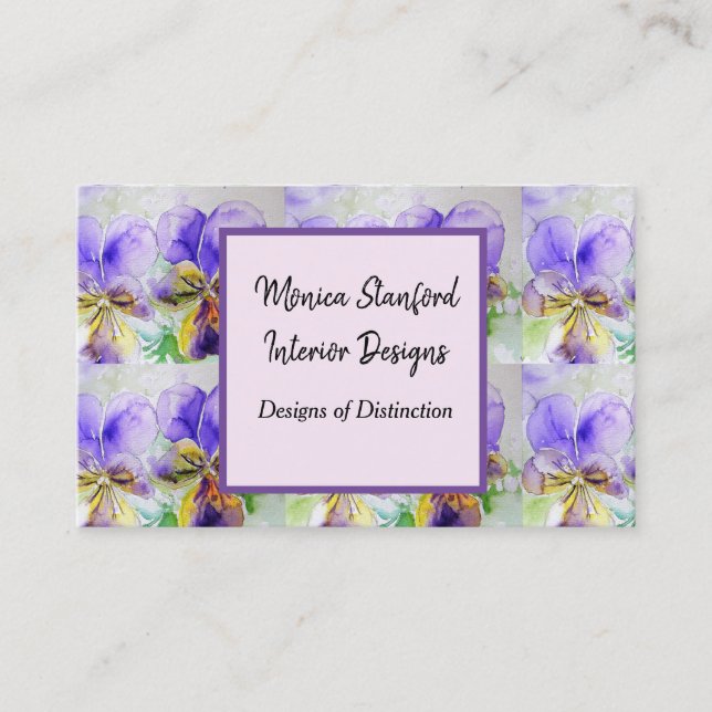 Purple Viola Flowers Watercolour Business Card (Front)