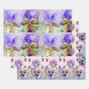 Purple Viola Pansies flower Watercolor Painting Wrapping Paper Sheet