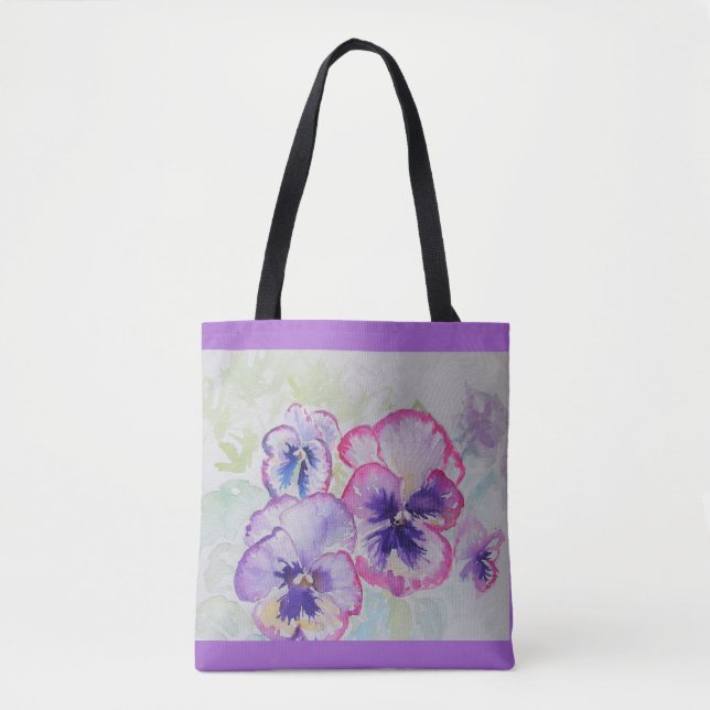 Purple Viola Pansy Flowers Floral Tote Bag (Front)