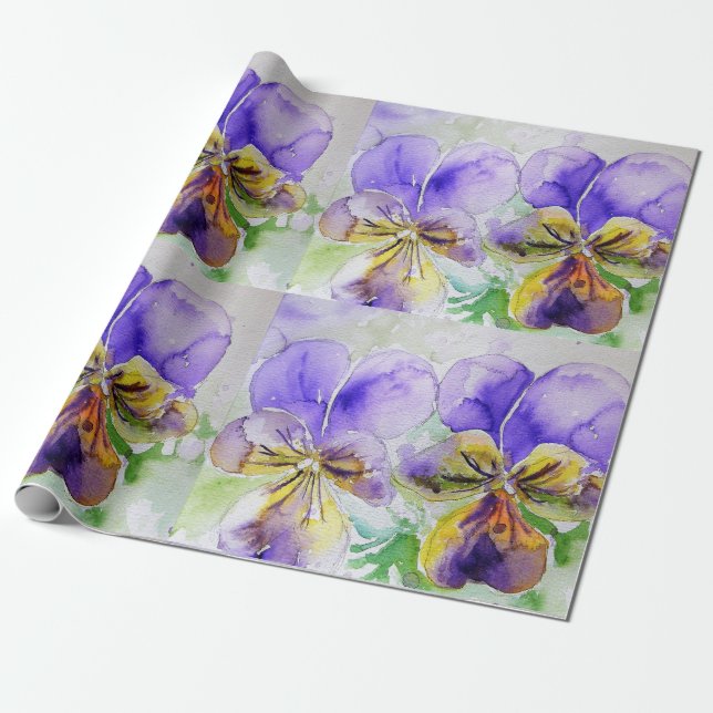 Purple Viola Pansy flowers Watercolor Wrapping Wrapping Paper (Unrolled)