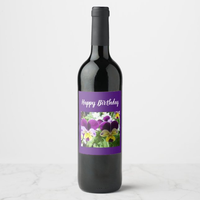 Purple Viola Pansy Pretty Flower floral Card Wine Label (Front)