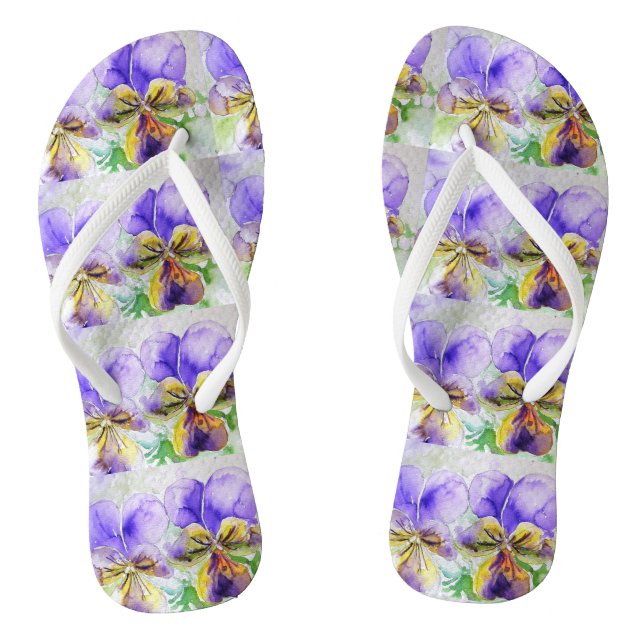 Purple Viola Violas pansy Floral Flowers Ladies Flip Flops (Footbed)