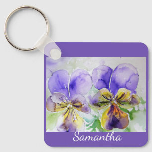 Purple Viola Violas Watercolor floral Flower Key Ring