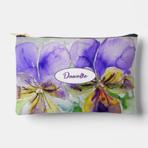 Purple Viola Watercolor Flower Girls Name Pansy Accessory Pouch