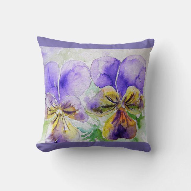 Purple Viola Watercolour Flower floral Cushion (Front)