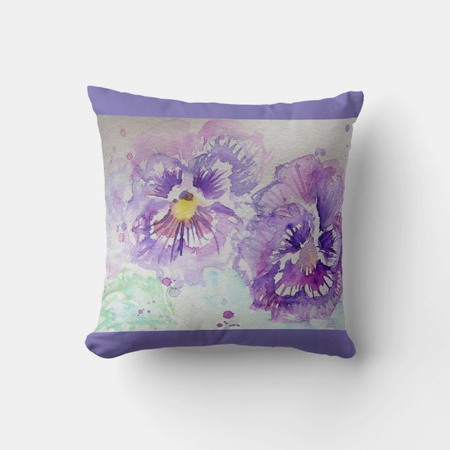 Purple Viola Watercolour Flower floral Cushion (Front)