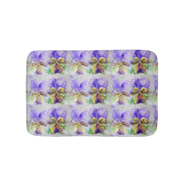 Purple Viola Watercolour Pansy floral Bath Mat (Front)