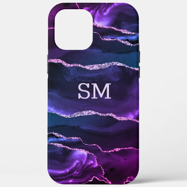 Purple Violet Agate Modern Monogrammed Case-Mate iPhone Case (Back)