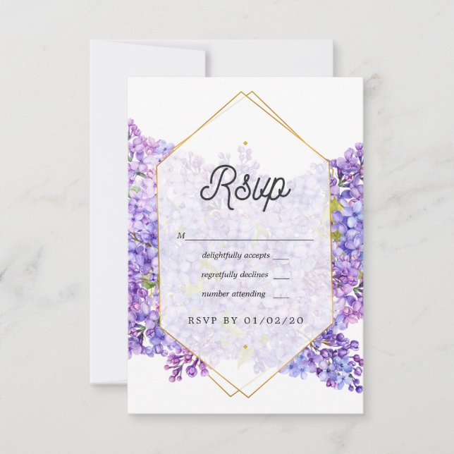 Purple Violet and Gold Geometric Herbarium Wedding RSVP Card (Front)
