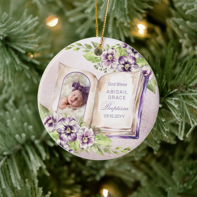 Purple Violet Arched Photo Unique Baptism Keepsake Ceramic Tree Decoration (Tree)