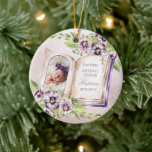Purple Violet Arched Photo Unique Baptism Keepsake Ceramic Tree Decoration<br><div class="desc">This design is unique in that it is created within the pages of a book with an arched photo of your little one to the left nestled among a bed of purple violets. The text rests on the book page to the right with a gold tone trinity cross in the...</div>