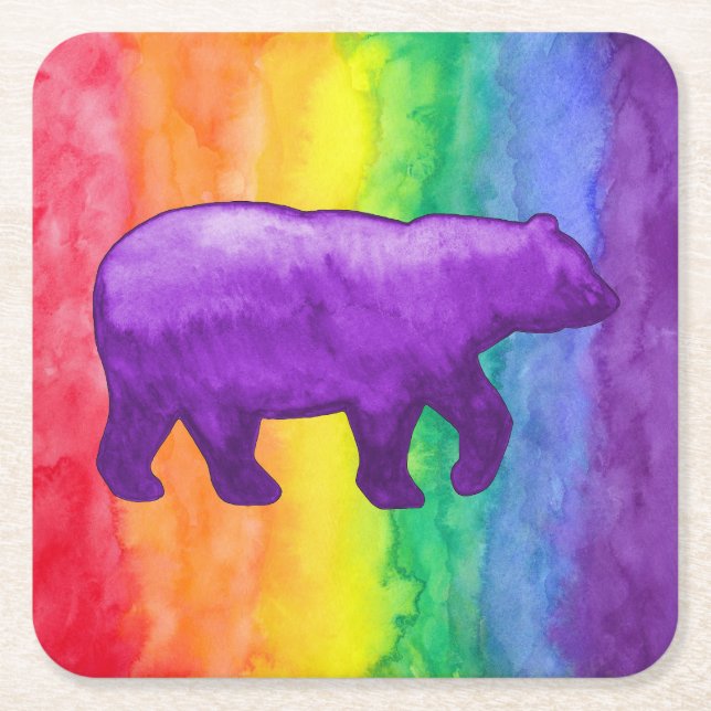 Purple/Violet Bear on Rainbow Wash Paper Coaster (Front)